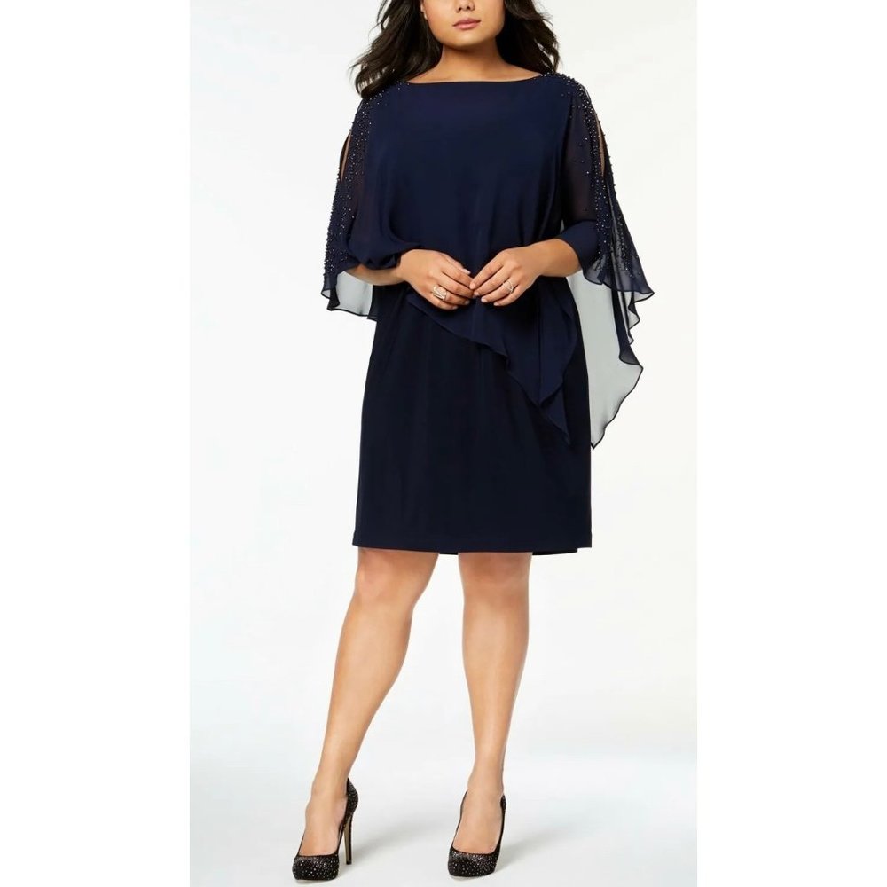 Xscape Plus Size Beaded Chiffon Popover Boat Neckline Dress Navy 22W
